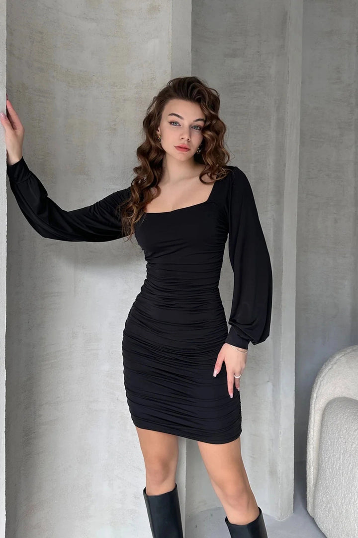 Black Square Neck Draped Mini Dress BCDF-252140 - Hollister