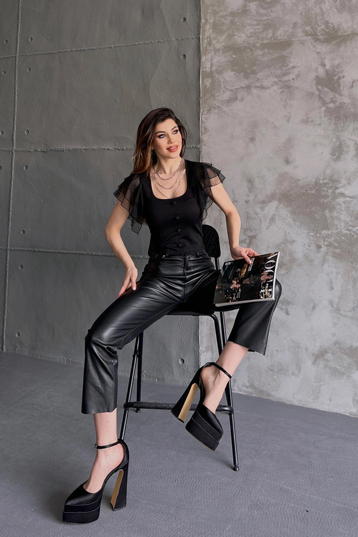 Black Square Neck Button Detailed Chiffon Cotton Blouse BCDF-241046 - Bamberg