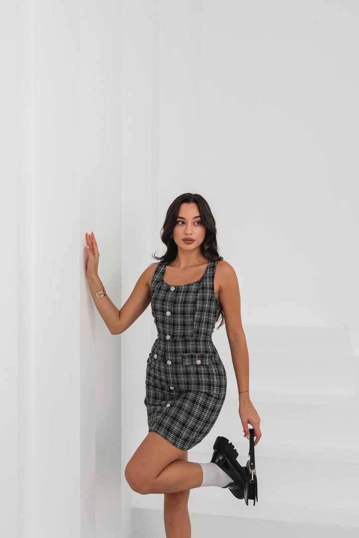 Black Square Neck Button Detail Tweed Dress BCHN-25265007 - Timişoara