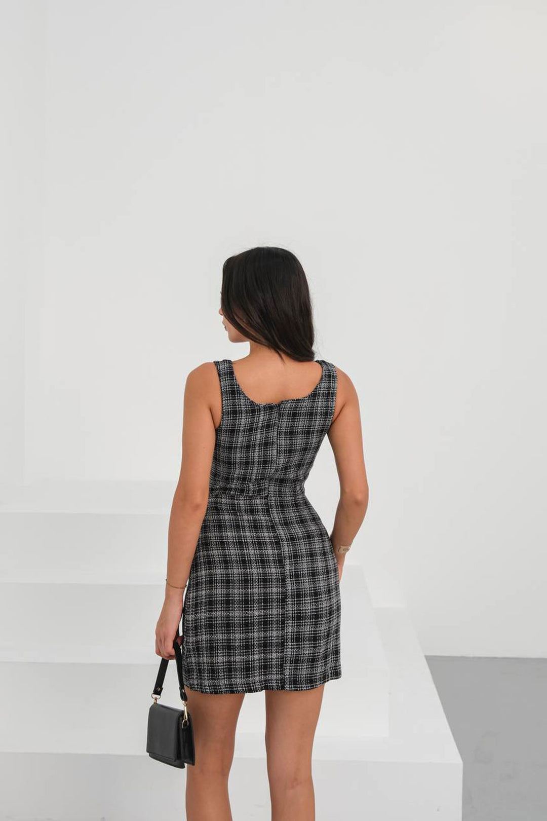 Black Square Neck Button Detail Tweed Dress BCHN-25265007 - Timişoara