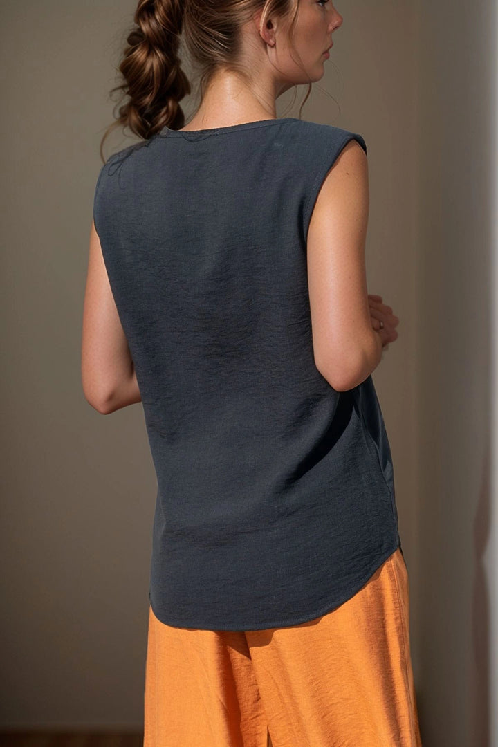 Black Square Neck Linen Blouse BCBSK-25700-2911 - Rossano