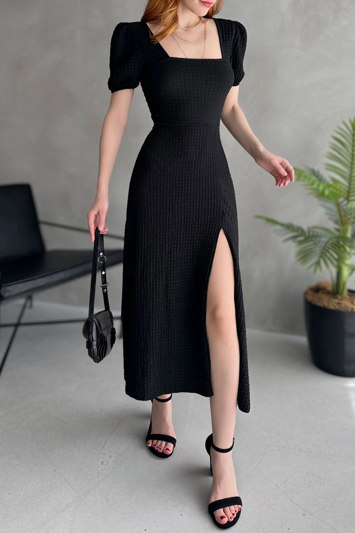 Black Square Neck Backless Split Detail Waffle Dress BCDF-252212 - Karlsruhe