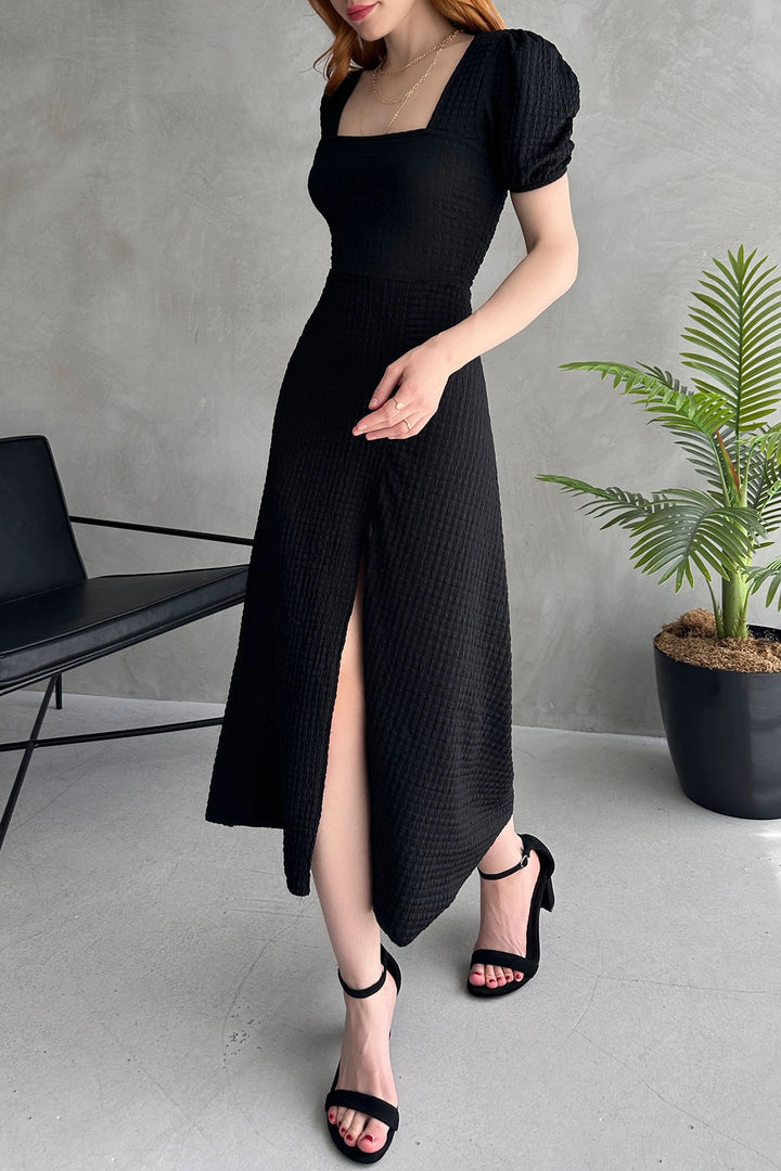 Black Square Neck Backless Split Detail Waffle Dress BCDF-252212 - Karlsruhe