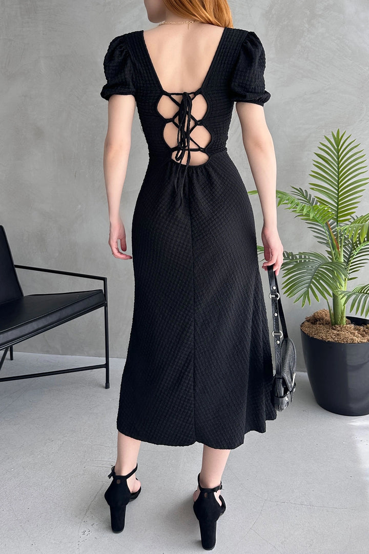 Black Square Neck Backless Split Detail Waffle Dress BCDF-252212 - Karlsruhe