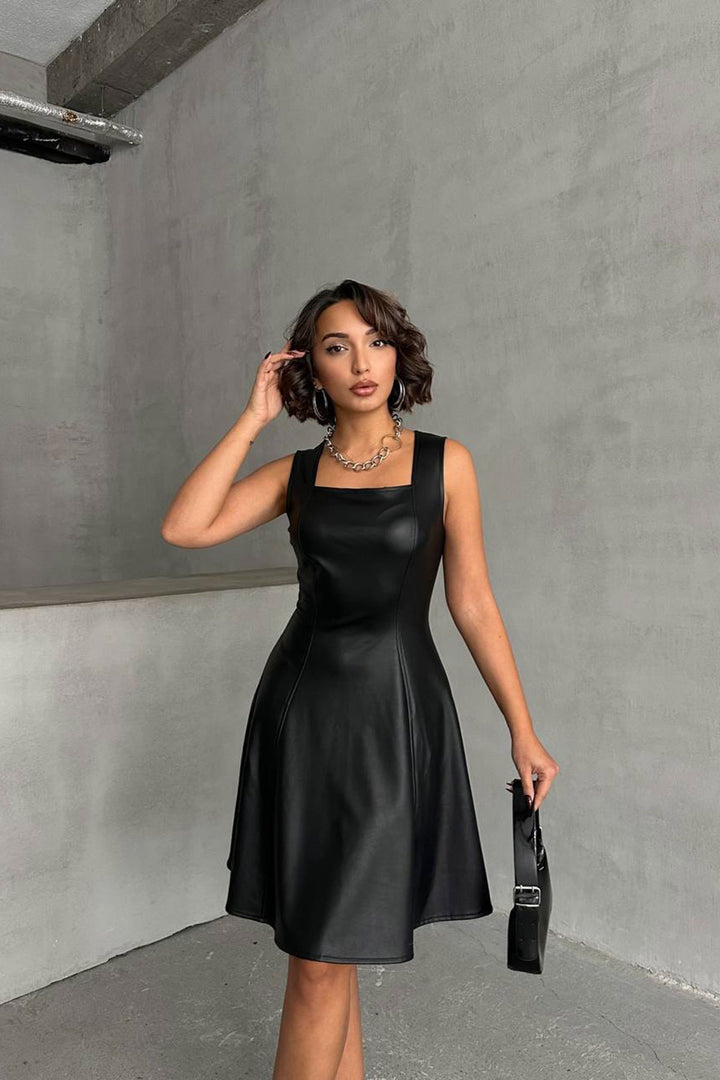 Black Square Neck Faux Leather Belted Flare Dress BCHN-2526442 - Colombes