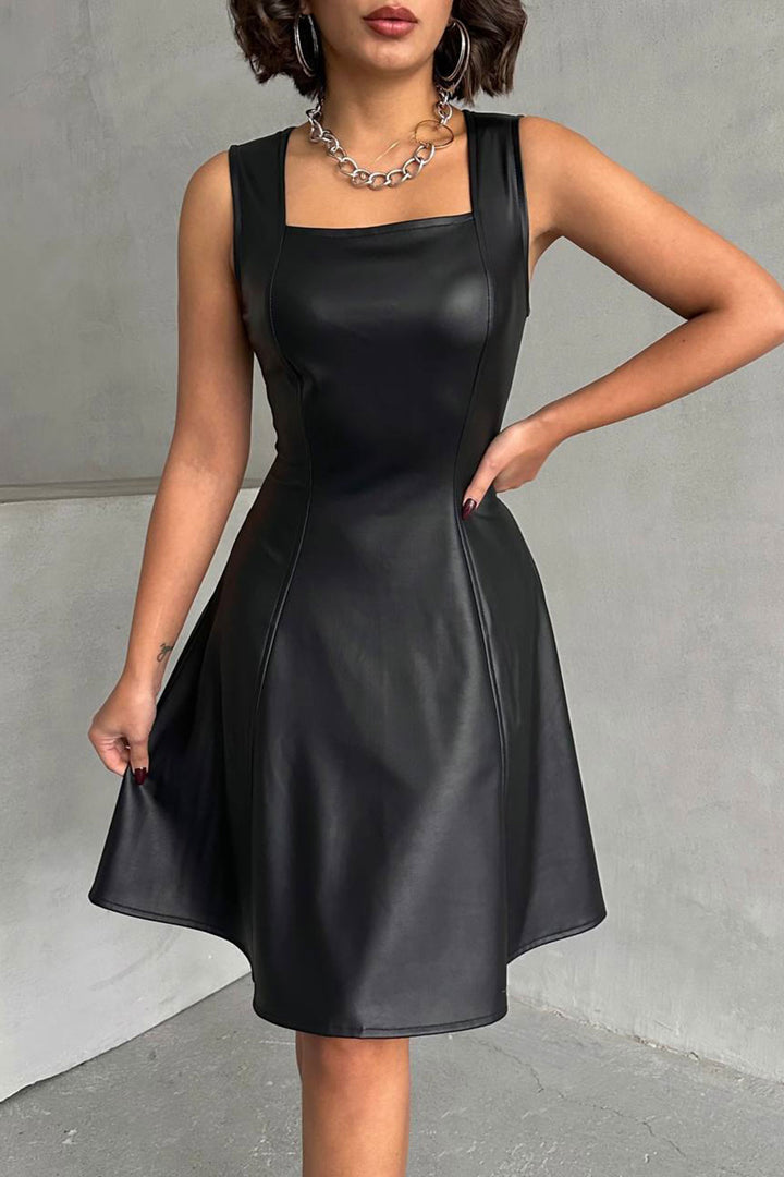 Black Square Neck Faux Leather Belted Flare Dress BCHN-2526442 - Colombes