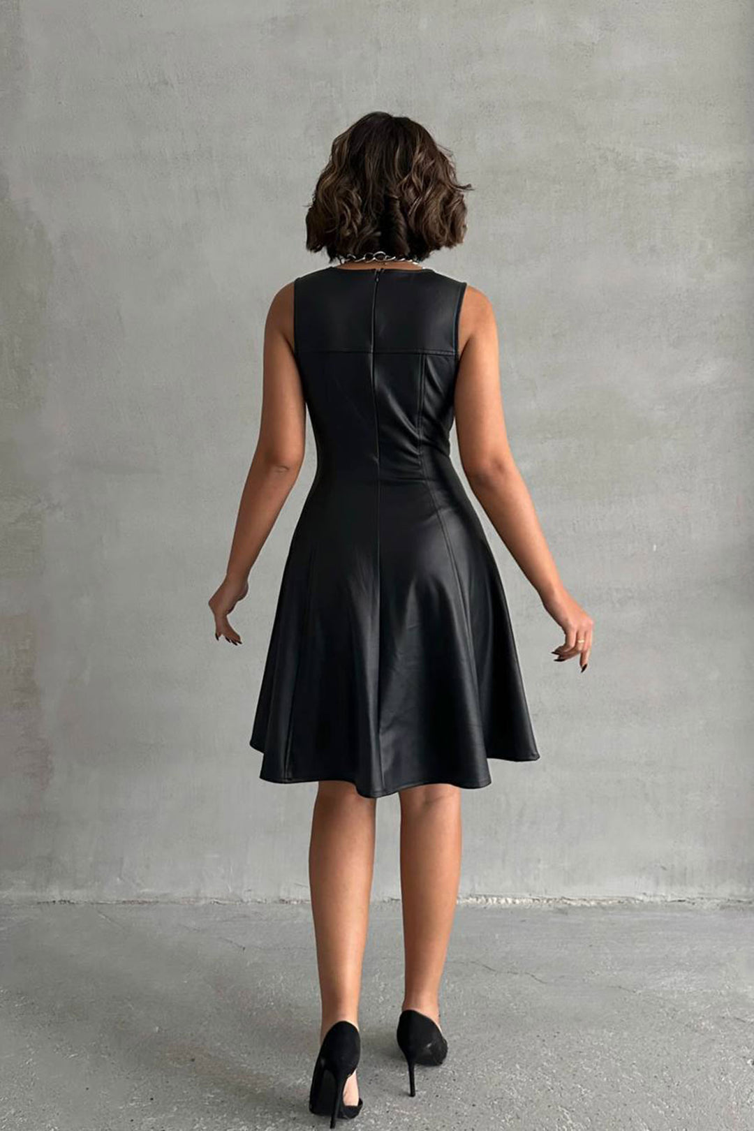 Black Square Neck Faux Leather Belted Flare Dress BCHN-2526442 - Colombes