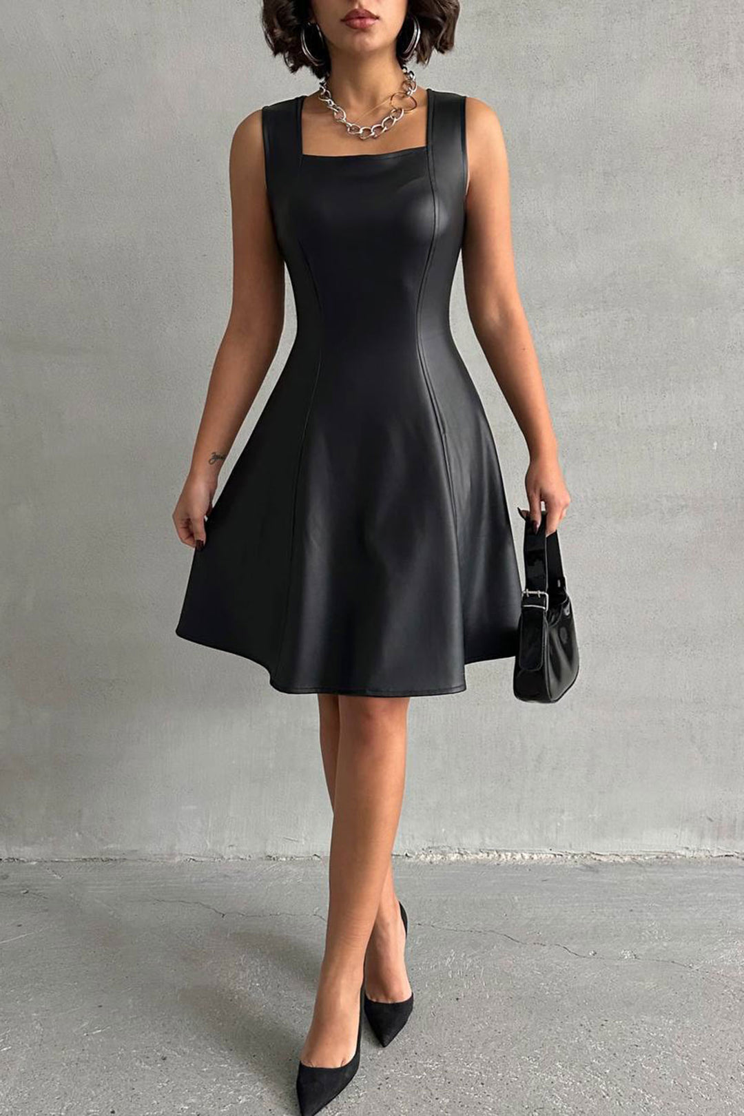 Black Square Neck Faux Leather Belted Flare Dress BCHN-2526442 - Colombes