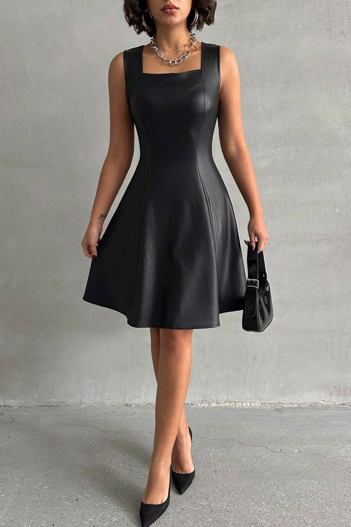 Black Square Neck Faux Leather Belted Flare Dress BCHN-2526442 - Colombes