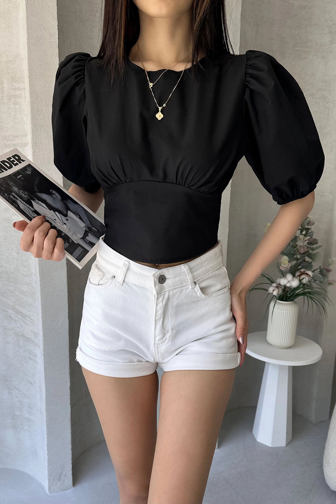 Black Watermelon Arm Shoulder Decollete Poplin Blouse BCDF-252196 - Batumi