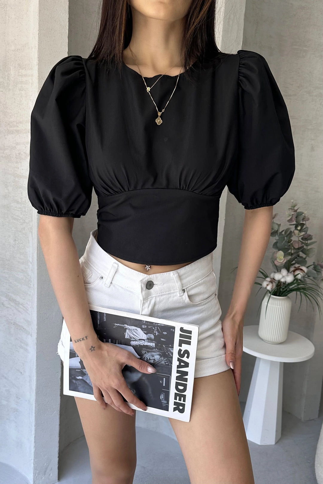 Black Watermelon Arm Shoulder Decollete Poplin Blouse BCDF-252196 - Batumi