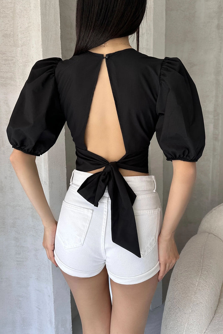 Black Watermelon Arm Shoulder Decollete Poplin Blouse BCDF-252196 - Batumi