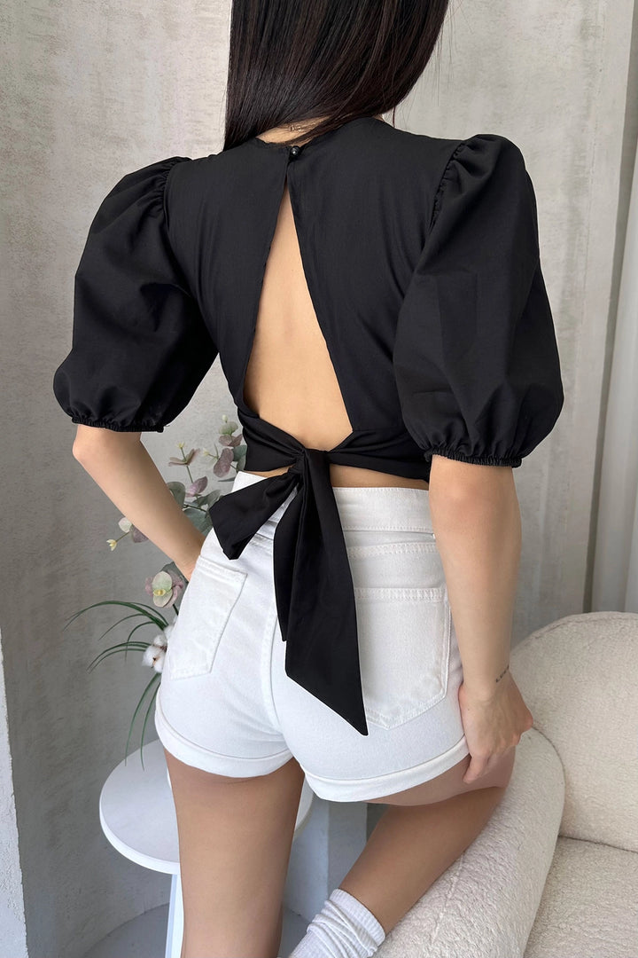 Black Watermelon Arm Shoulder Decollete Poplin Blouse BCDF-252196 - Batumi
