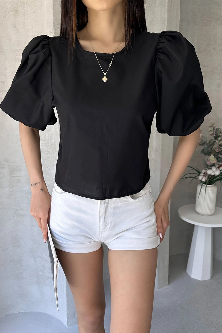 Black Watermelon Arm Shoulder Bow Detail Poplin Blouse BCDF-252195 - Hatfield