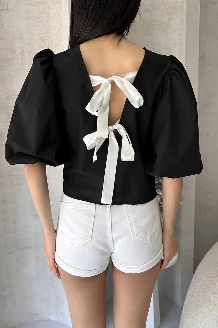 Black Watermelon Arm Shoulder Bow Detail Poplin Blouse BCDF-252195 - Hatfield