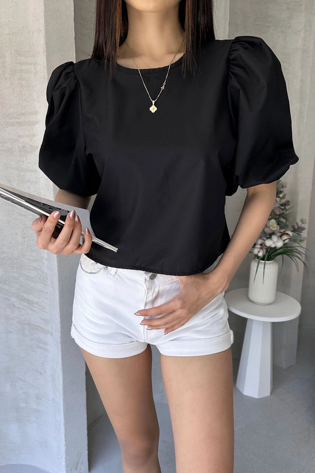 Black Watermelon Arm Shoulder Bow Detail Poplin Blouse BCDF-252195 - Hatfield