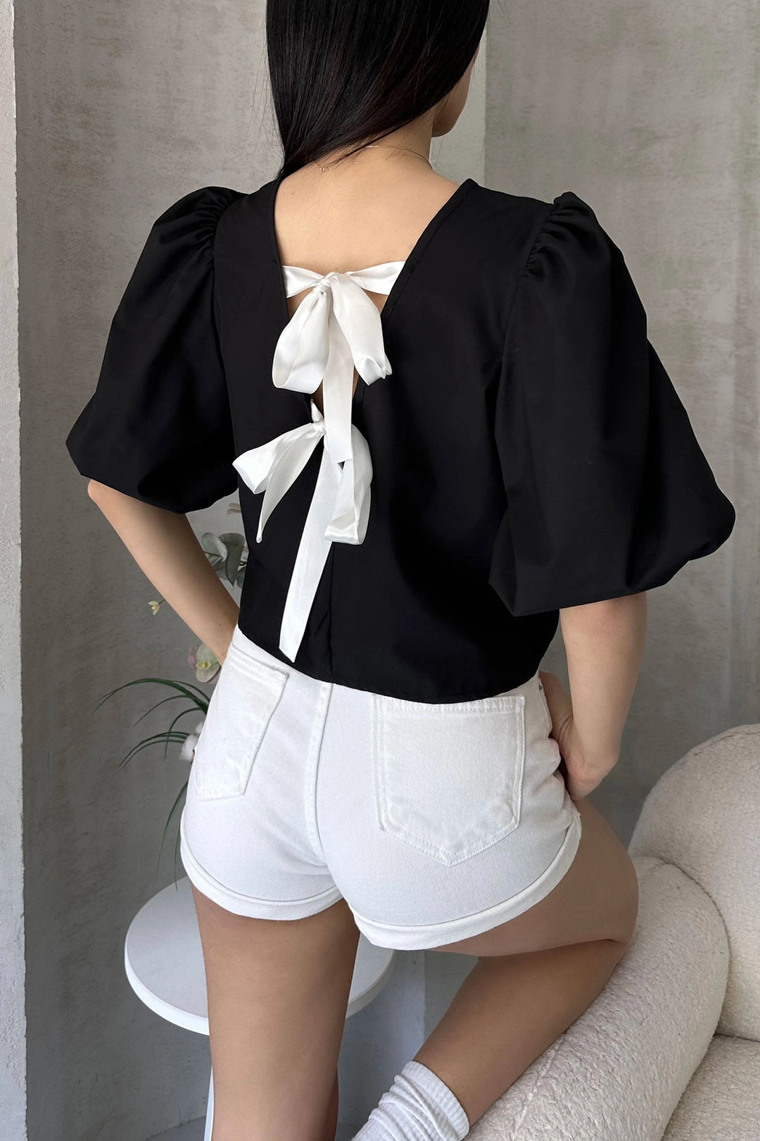 Black Watermelon Arm Shoulder Bow Detail Poplin Blouse BCDF-252195 - Hatfield