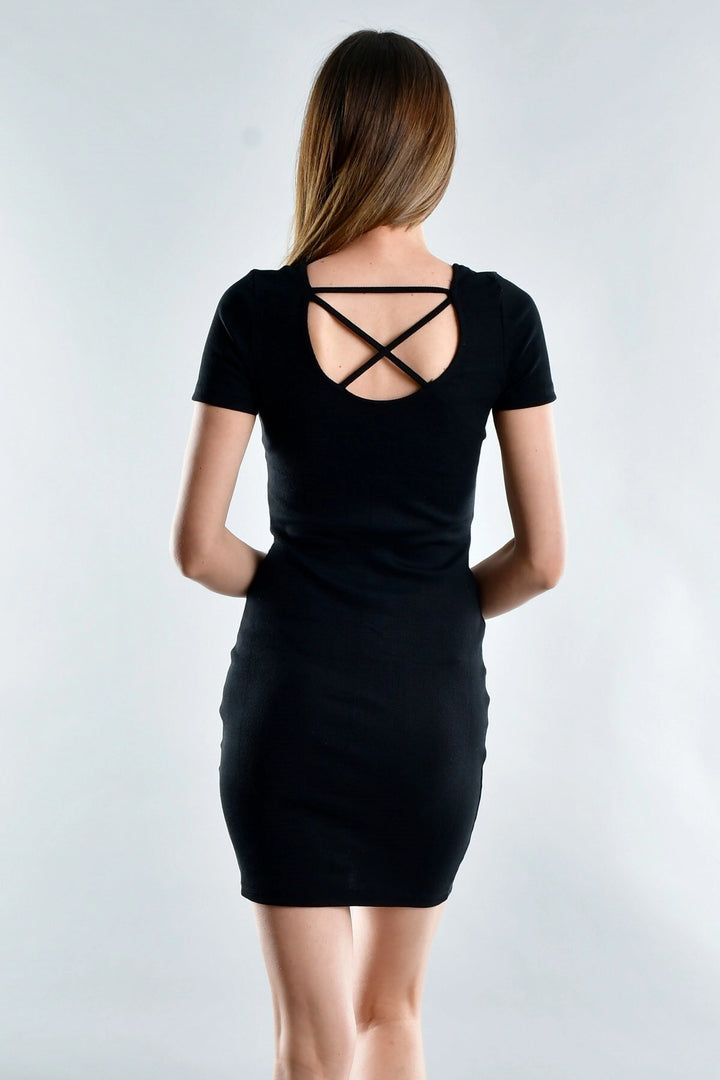 Black Eyelash Lace Back Cross Biased Short Sleeve Dress CO-2520071669 - Battle Creek