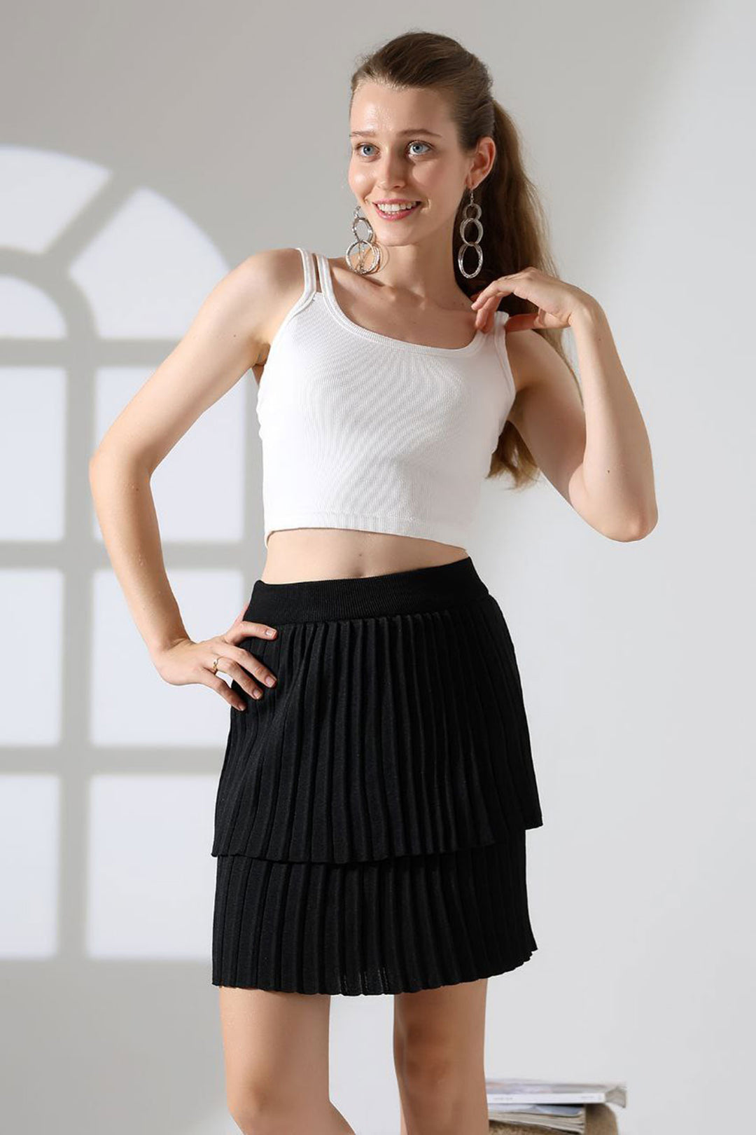 Black Tiered Pleated Knit Skirt BCES-252002 - Haguenau