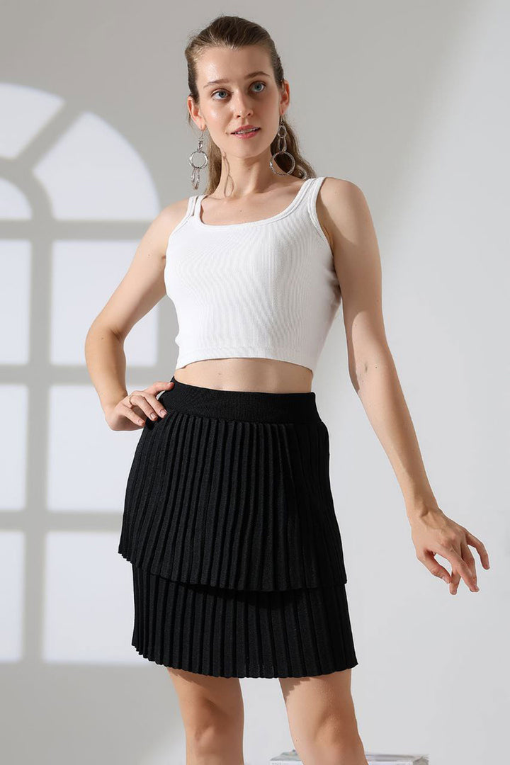 Black Tiered Pleated Knit Skirt BCES-252002 - Haguenau