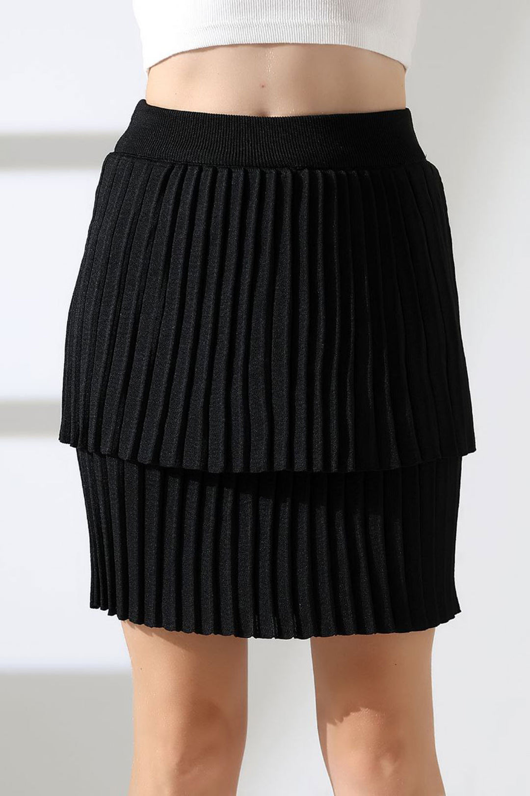 Black Tiered Pleated Knit Skirt BCES-252002 - Haguenau