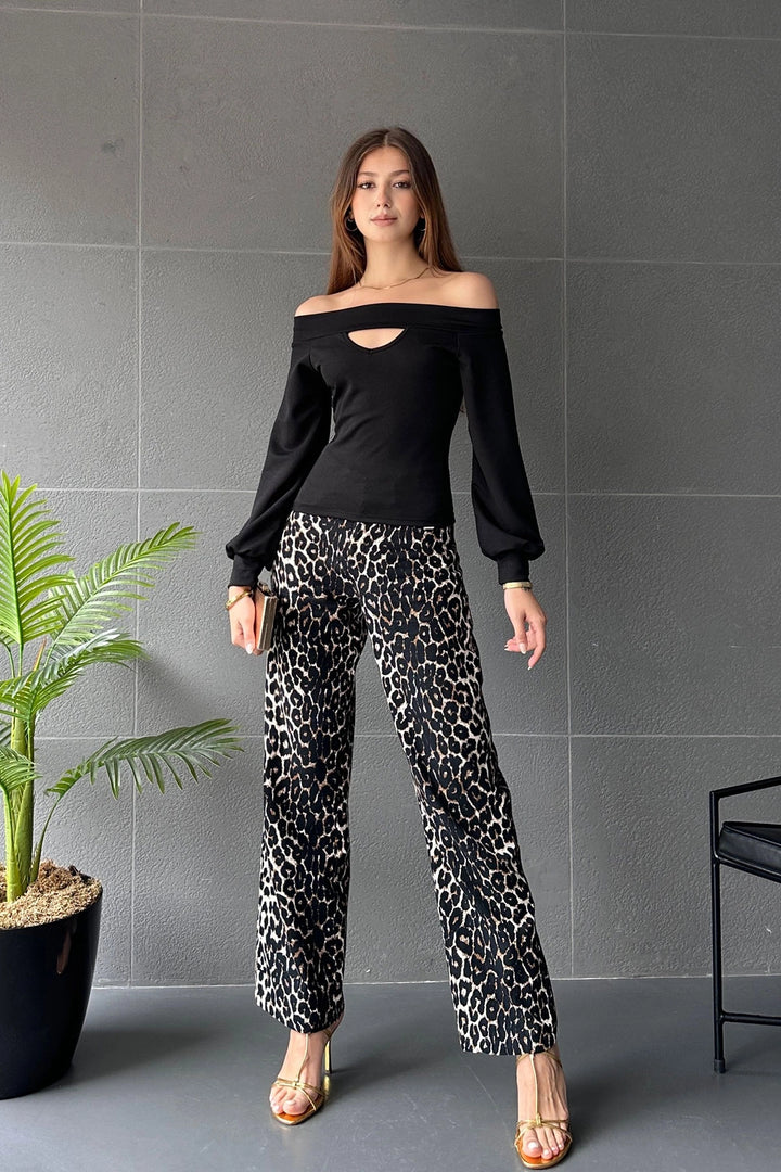 Black Boat Neck Blouse with Decollete Detail and Cuffed Sleeves BCDF-242110 - Vich