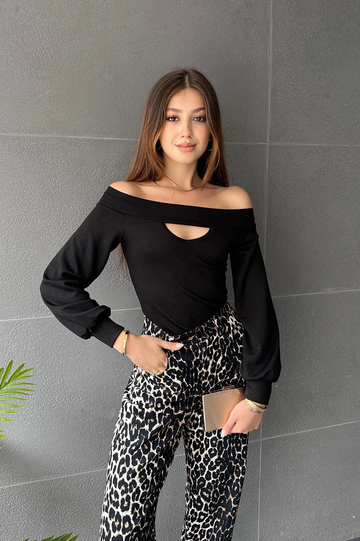 Black Boat Neck Blouse with Decollete Detail and Cuffed Sleeves BCDF-242110 - Vich