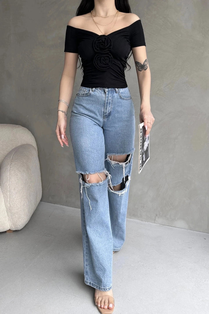 Black Boat Neck Rose Detail Crop Blouse BCDF-252181 - Garbsen