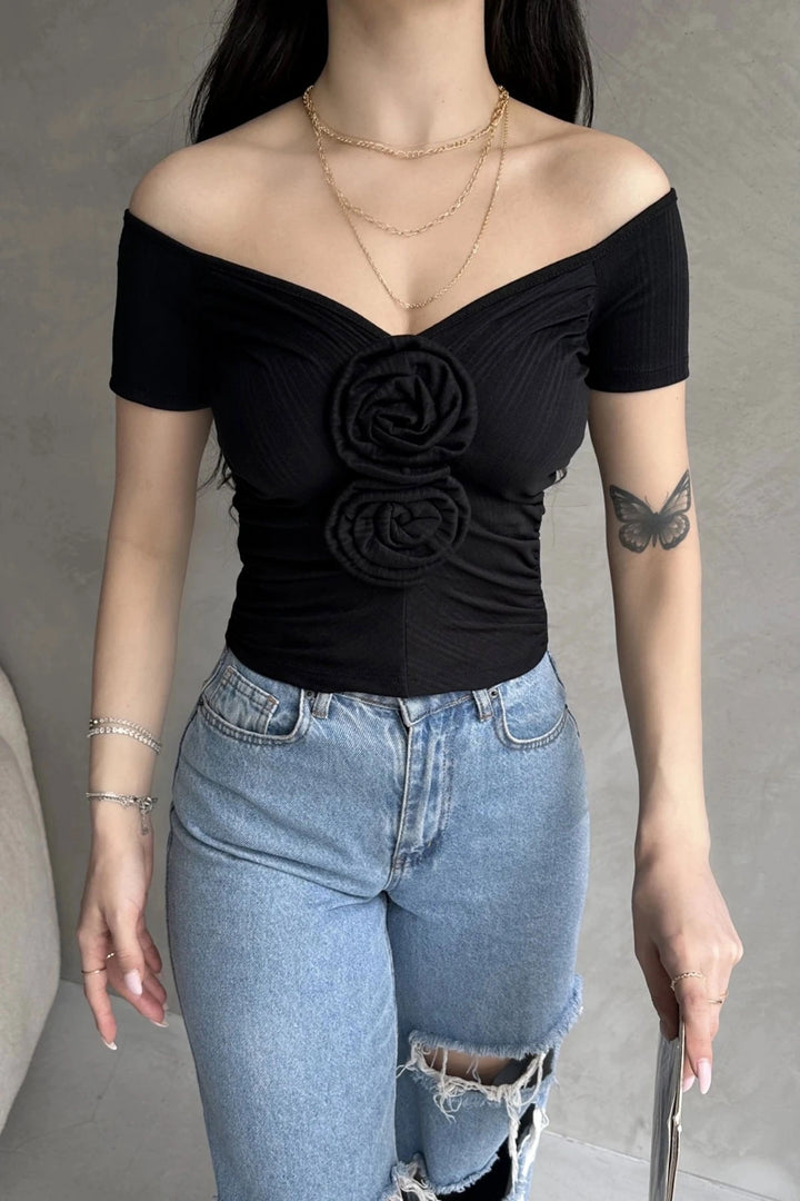 Black Boat Neck Rose Detail Crop Blouse BCDF-252181 - Garbsen