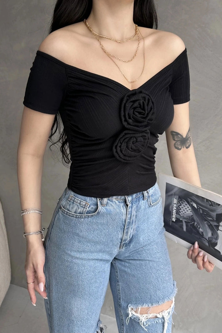Black Boat Neck Rose Detail Crop Blouse BCDF-252181 - Garbsen