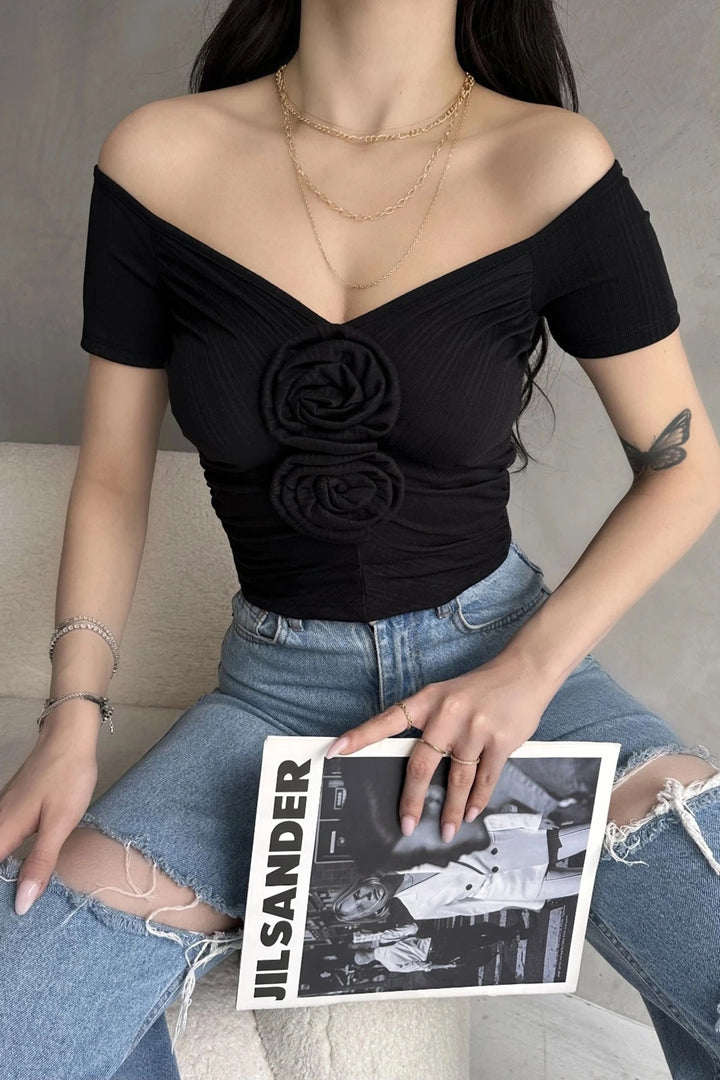 Black Boat Neck Rose Detail Crop Blouse BCDF-252181 - Garbsen