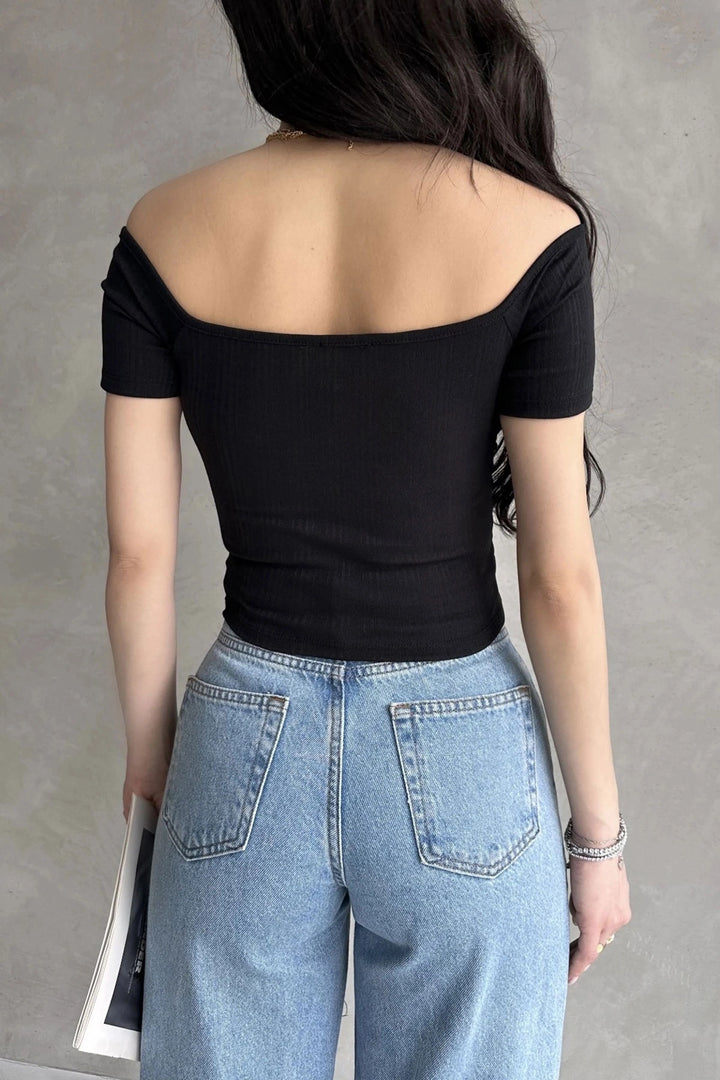 Black Boat Neck Rose Detail Crop Blouse BCDF-252181 - Garbsen