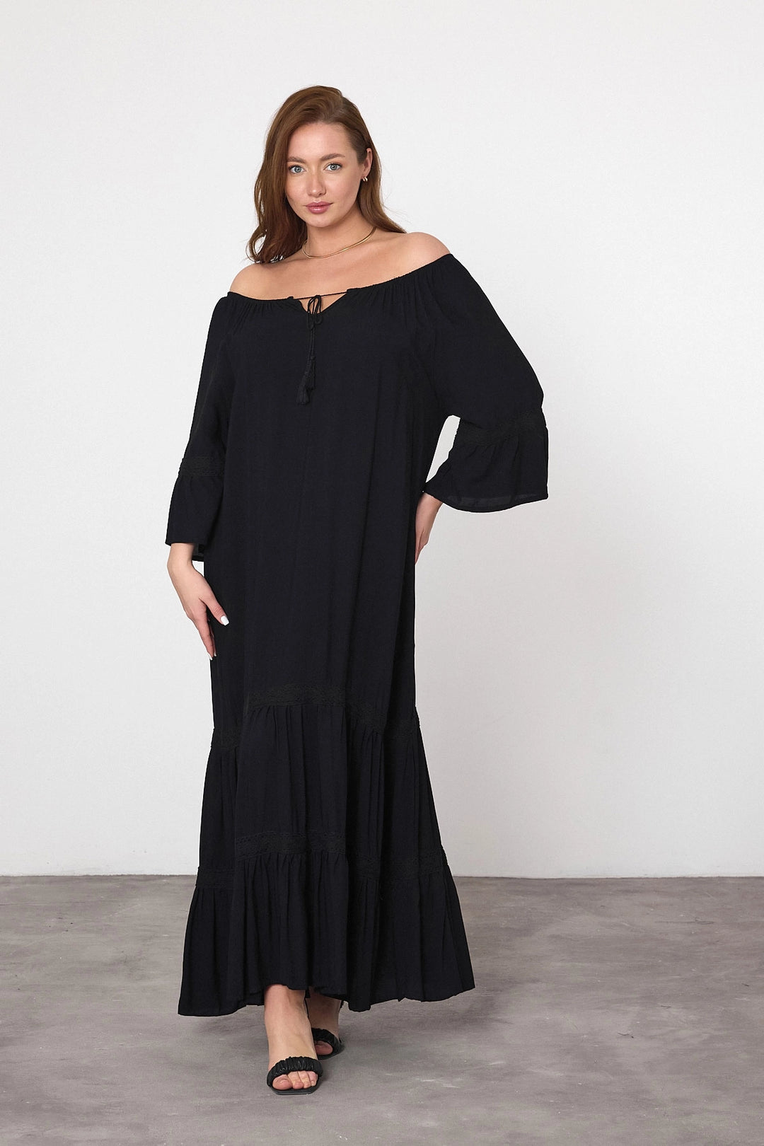 Maxi Boy Black Boat Neck Woven Viscose Dress BCVL-25973 - Lufkin