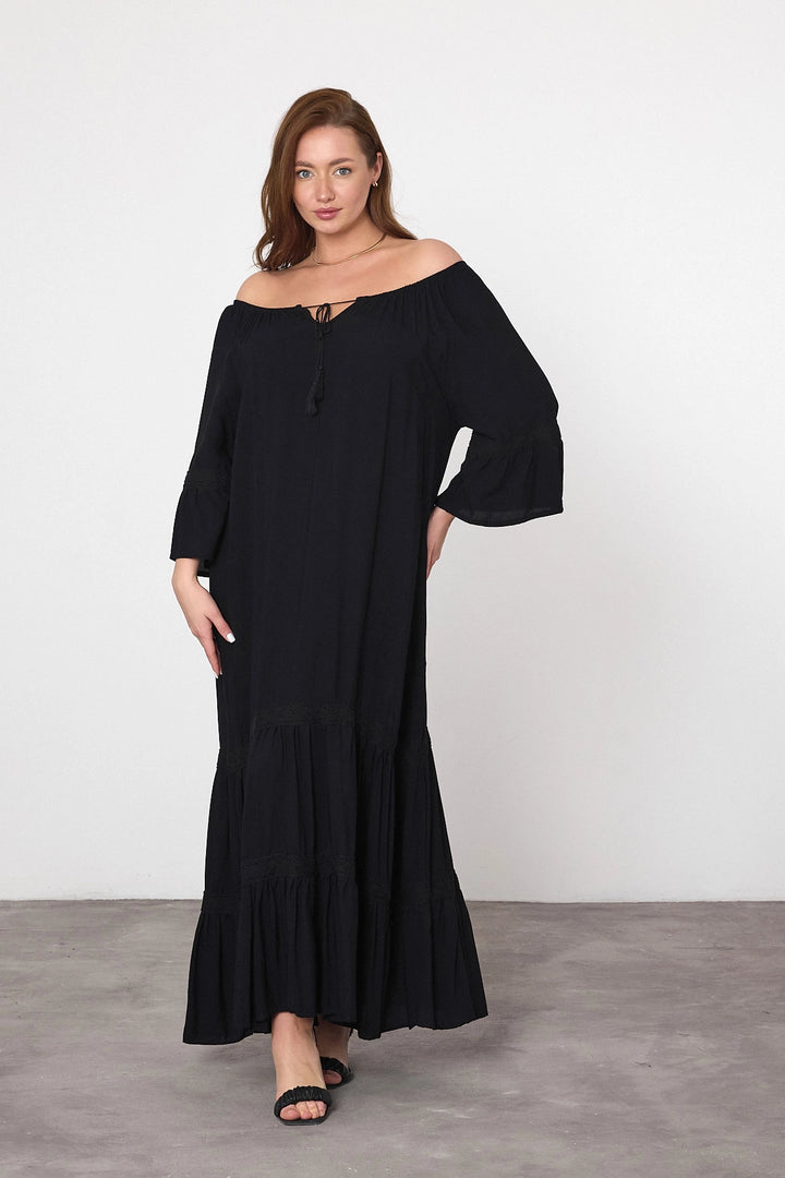 Maxi Boy Black Boat Neck Woven Viscose Dress BCVL-25973 - Lufkin