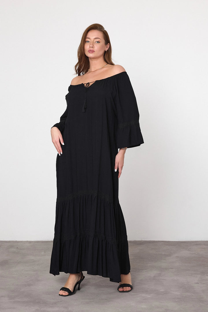 Maxi Boy Black Boat Neck Woven Viscose Dress BCVL-25973 - Lufkin