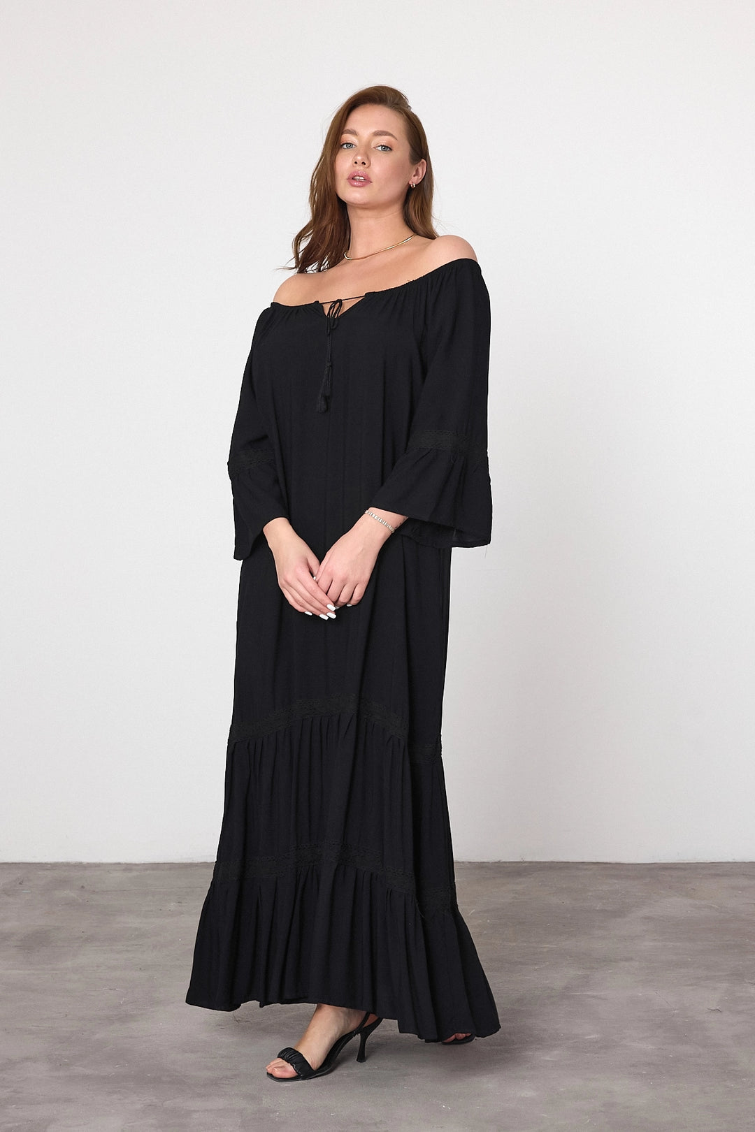 Maxi Boy Black Boat Neck Woven Viscose Dress BCVL-25973 - Lufkin