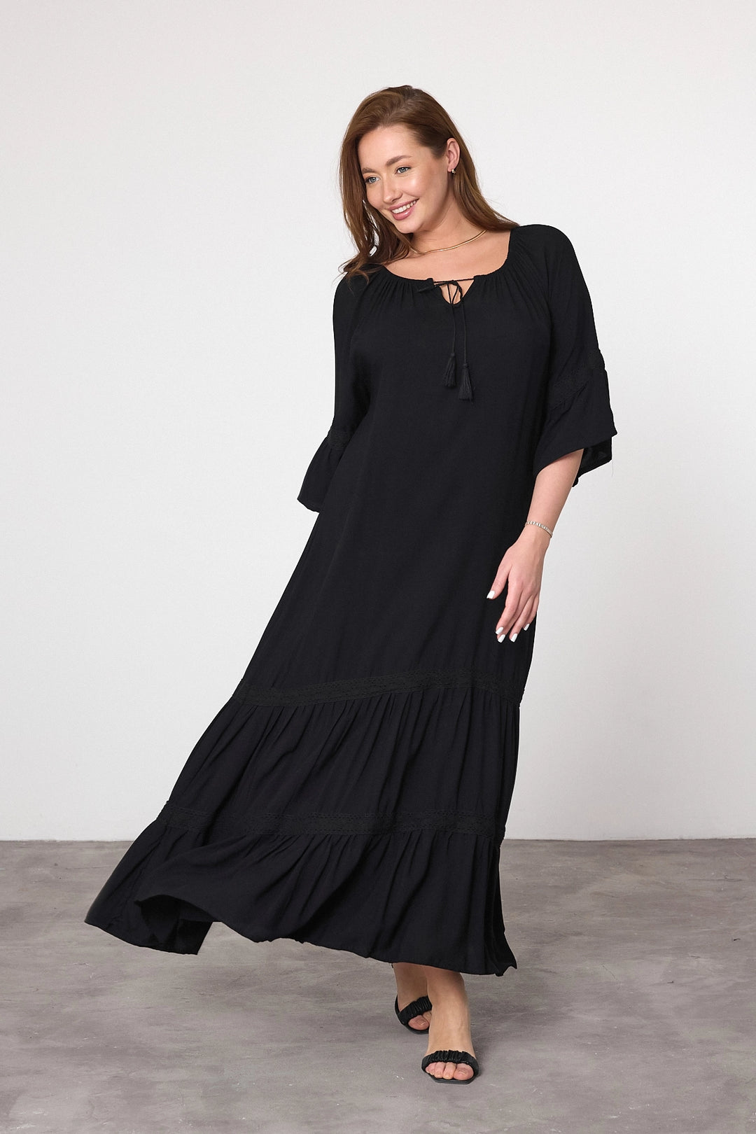 Maxi Boy Black Boat Neck Woven Viscose Dress BCVL-25973 - Lufkin