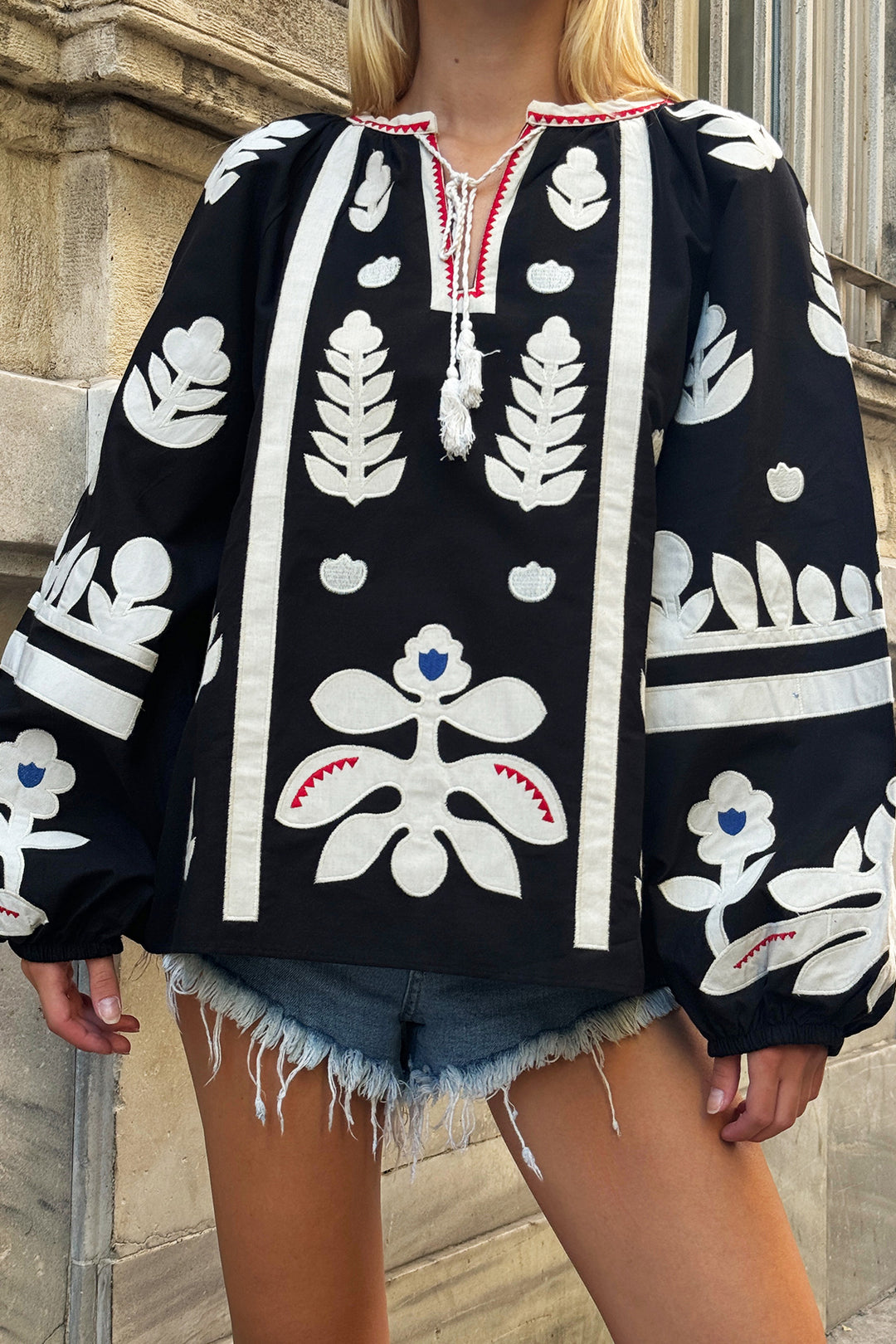 Black Boat Neck Tassel Detailed Embroidered Puff Sleeve Woven Blouse BCHESQ-251107 - Hoogvliet