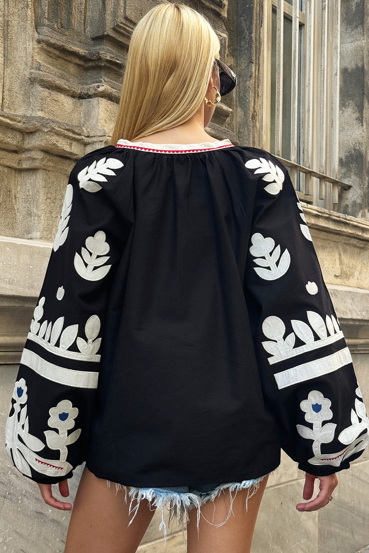 Black Boat Neck Tassel Detailed Embroidered Puff Sleeve Woven Blouse BCHESQ-251107 - Hoogvliet