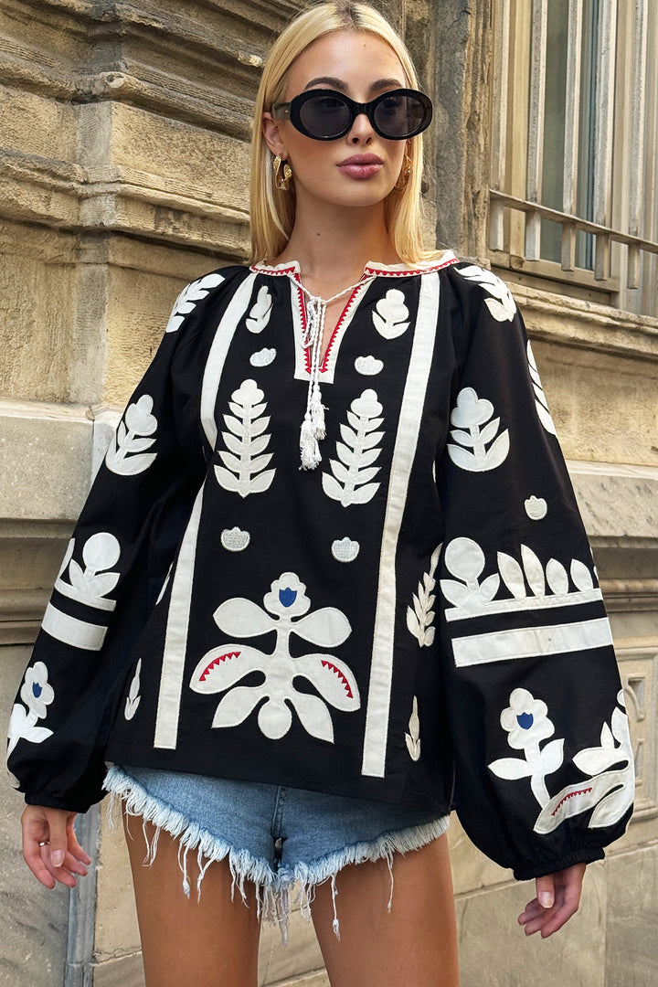 Black Boat Neck Tassel Detailed Embroidered Puff Sleeve Woven Blouse BCHESQ-251107 - Hoogvliet