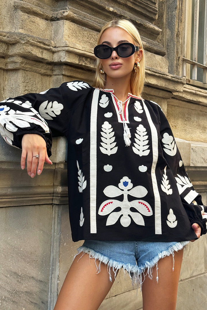Black Boat Neck Tassel Detailed Embroidered Puff Sleeve Woven Blouse BCHESQ-251107 - Hoogvliet
