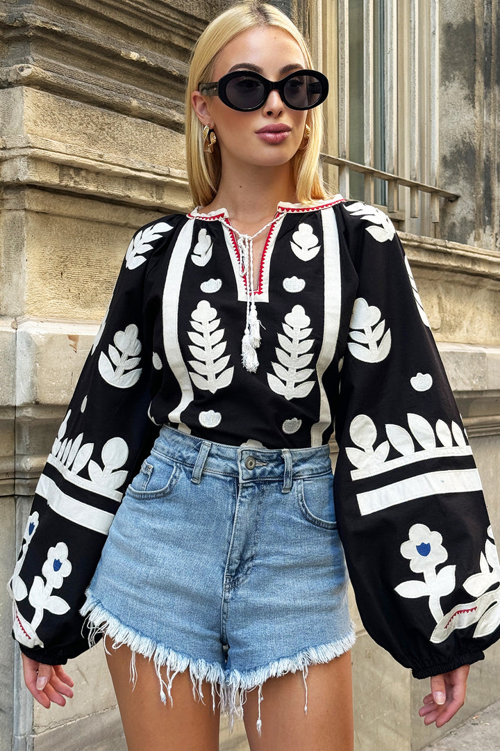 Black Boat Neck Tassel Detailed Embroidered Puff Sleeve Woven Blouse BCHESQ-251107 - Hoogvliet