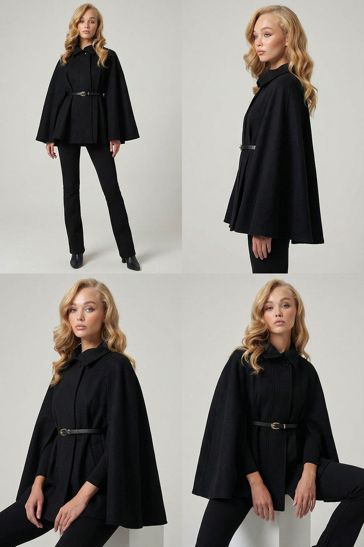 Black Belt Detailed Cape Coat BCHNV-251224 - Owensboro