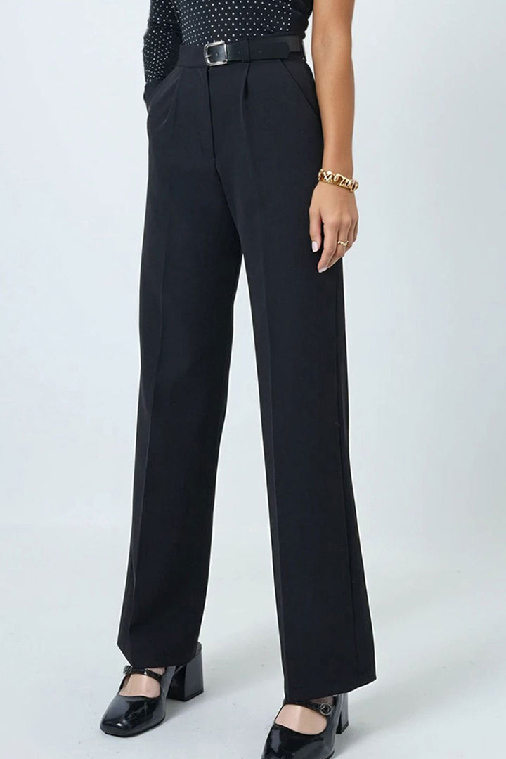 Black Belted Button Closure Double Pocket Palazzo Pants BCHAV-251230 - Tijuana