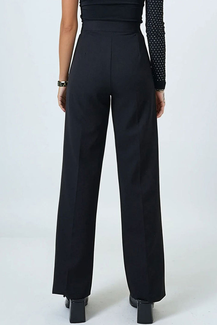 Black Belted Button Closure Double Pocket Palazzo Pants BCHAV-251230 - Tijuana