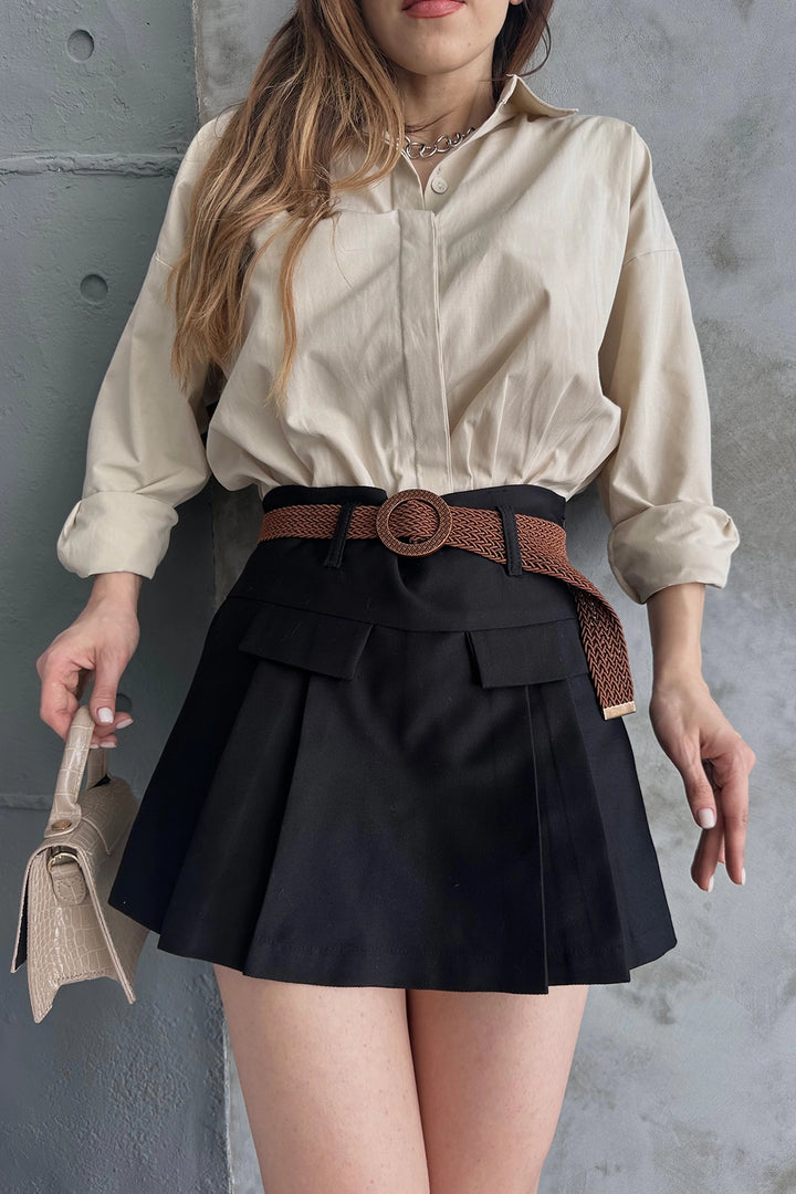 Black Belted Detailed Gabardine Shorts Skirt BCDF-247708 - Rastatt