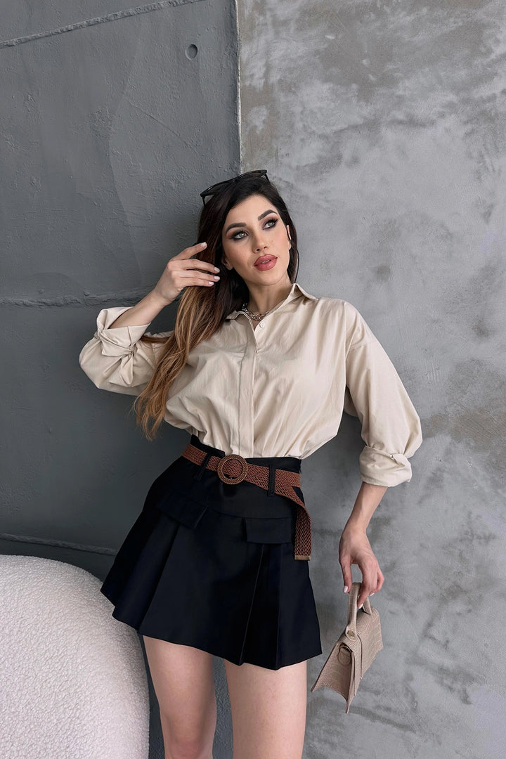 Black Belted Detailed Gabardine Shorts Skirt BCDF-247708 - Rastatt