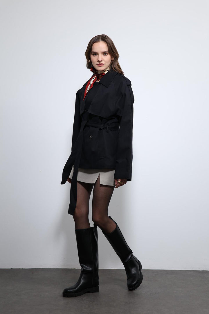 ANT Antioch Black Belted Short Trench Coat - San Leandro