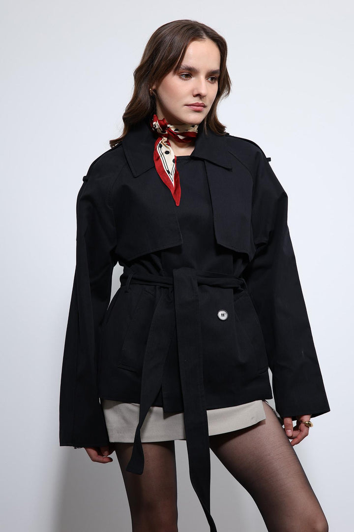 ANT Antioch Black Belted Short Trench Coat - San Leandro