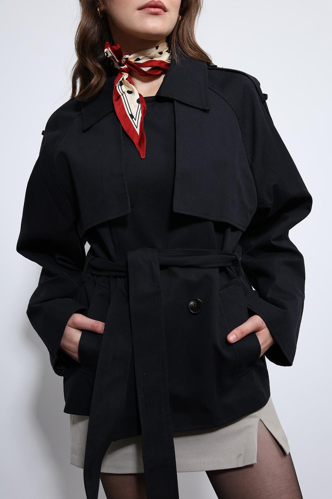 ANT Antioch Black Belted Short Trench Coat - San Leandro